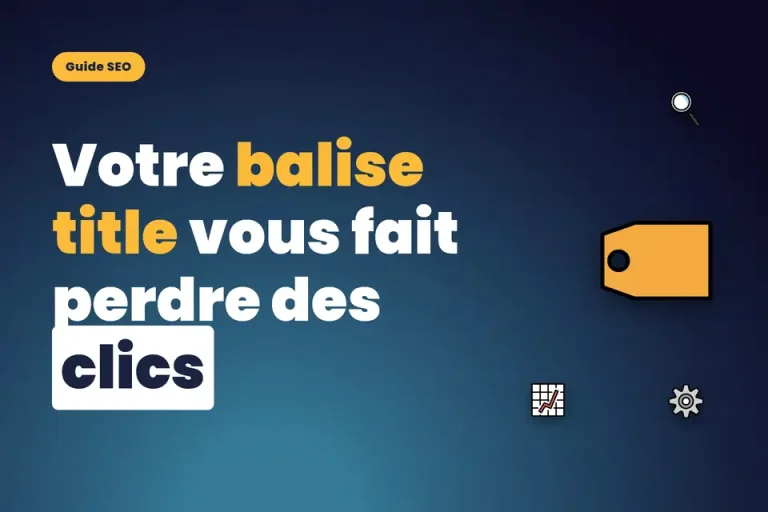 Balise title WordPress optimisée pour le SEO, symbolisée par une étiquette dorée entourée d'icônes de recherche, réglage et statistiques sur fond bleu marine