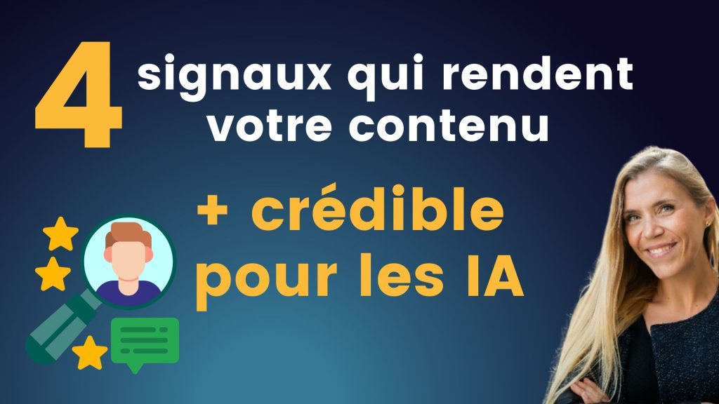 Citations IA : Illustration 3D de quatre icônes symbolisant la crédibilité d'un contenu : un profil vérifié, des guillemets de citation, un bouclier avec coche et un document en réseau, avec un petit robot souriant