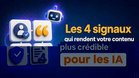 Citations IA : Illustration 3D de quatre icônes symbolisant la crédibilité d'un contenu : un profil vérifié, des guillemets de citation, un bouclier avec coche et un document en réseau, avec un petit robot souriant