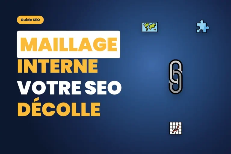 Illustration maillage interne SEO : icône de lien entourée d'une carte, d'un puzzle et d'un graphique de résultats
