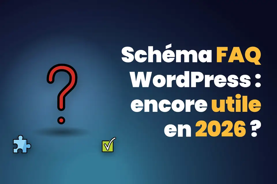 Illustration schéma FAQ WordPress : point d'interrogation, pièce de puzzle et coche représentant le balisage FAQ, les données structurées et la validation SEO