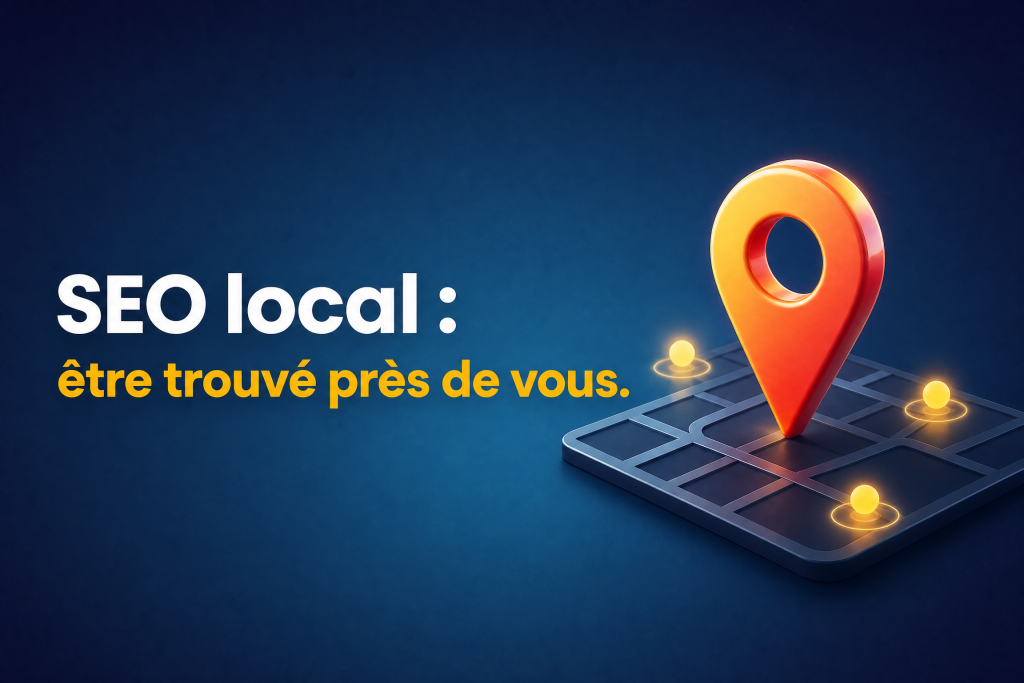 Illustration 3D d'un point de localisation orange posé sur une carte avec plusieurs repères lumineux, symbolisant le référencement SEO local et la visibilité sur Google Maps