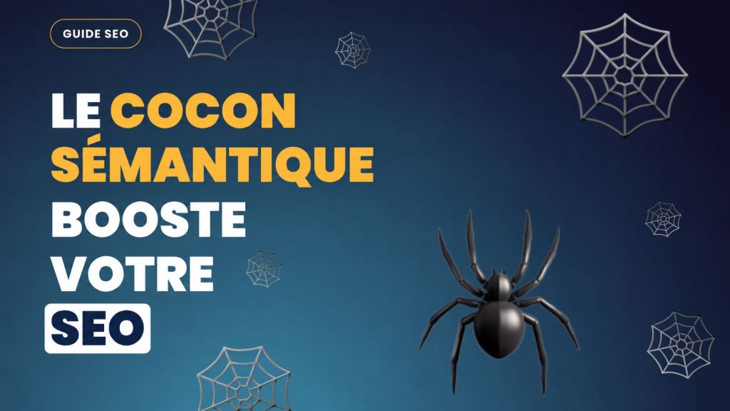 Illustration d'un cocon sémantique SEO : pages web reliées en réseau autour d'une page pilier, sur fond bleu marine